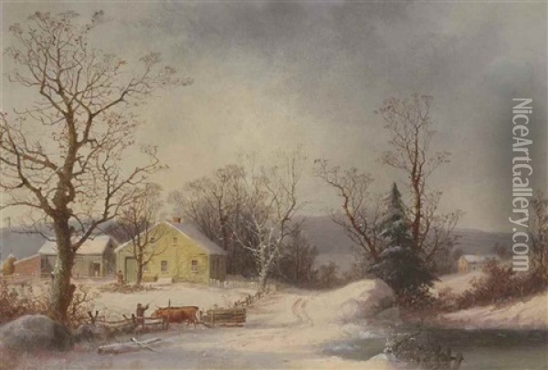 Returning To The Farm (yellow Farmhouse In Winter) Oil Painting - George Henry Durrie