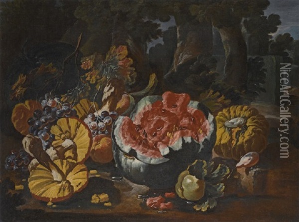Mushrooms, Melons, Grapes And Other Fruit On A Forest Floor Oil Painting - Giovanni Paolo Castelli (lo Spadino)
