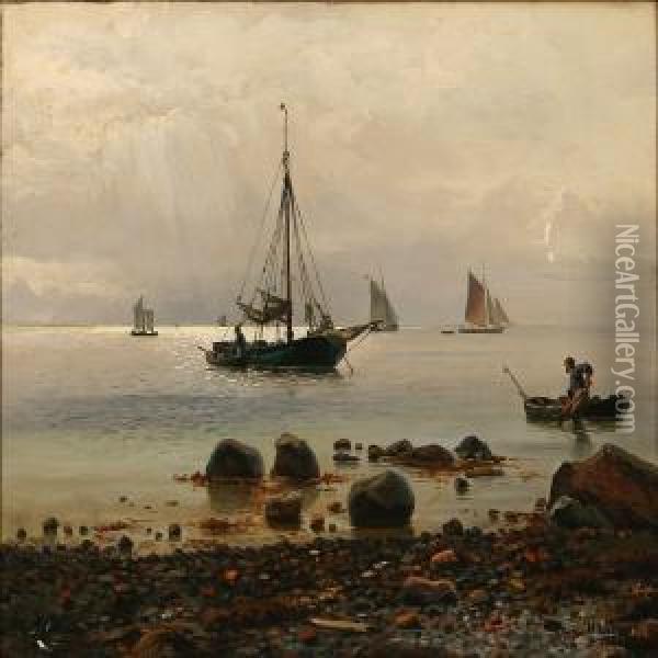 Coastal Scene With A Sailing Ship On Its Way Ashore Oil Painting - Holger Peter Svane Lubbers