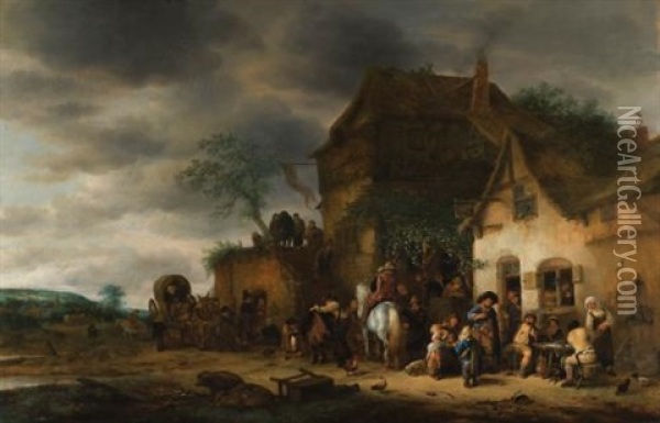 Travellers Halted At A Country Inn Oil Painting - Adriaen Jansz van Ostade