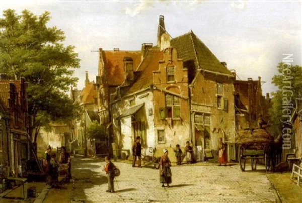 A View Of A Dutch Town With Figures In The Foreground Oil Painting - Willem Koekkoek
