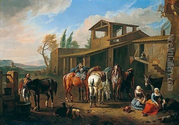A Southern Landscape With Riders Watering Their Horses By A Farm Oil Painting - Pieter van Bloemen