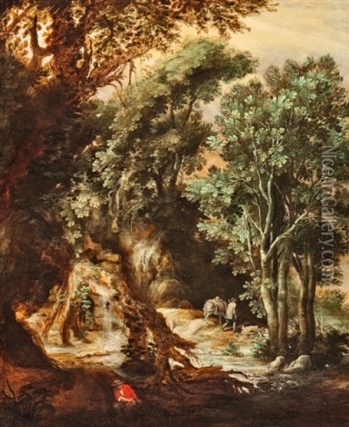 Forest Landscape With A Muleteer And A Fisherman Oil Painting - Abraham Govaerts