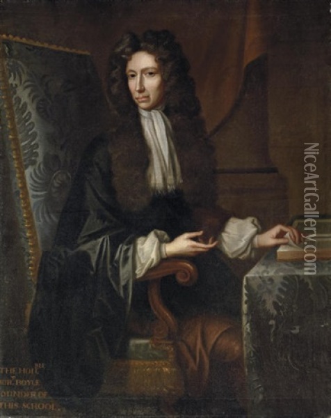 Portrait Of The Hon. Robert Boyle, F.r.s. In A Black Silk Mantle, Seated At His Desk Oil Painting - Johann Kerseboom