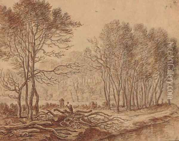 A stand of trees by a river with a woodcutter chopping logs Oil Painting - Herman Saftleven