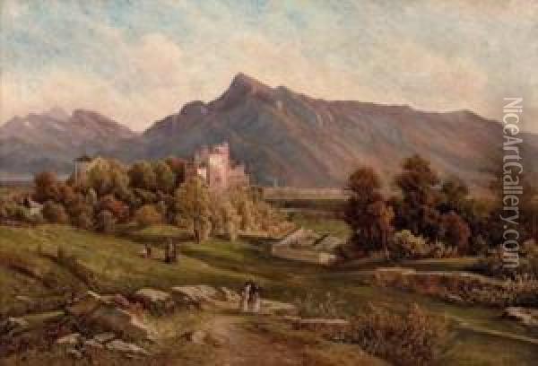 Spazierganger Am Monchsberg Mit Panoramablick In Den Suden Von Salzburg Oil Painting - Joseph Mayburger