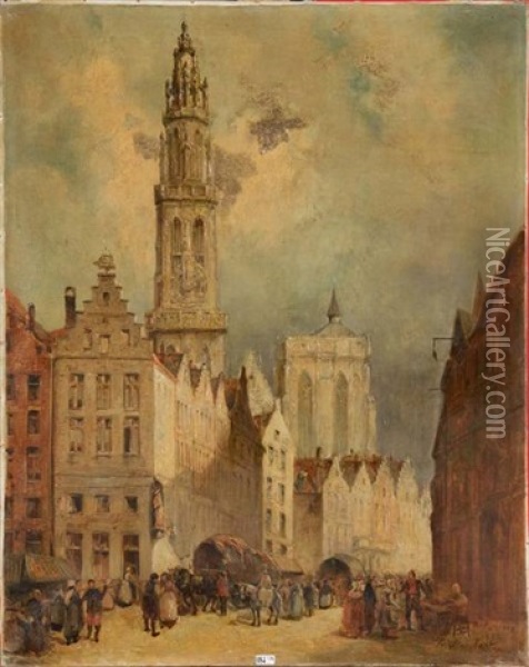 Scene De Rue A Anvers Oil Painting - Francois Stroobant