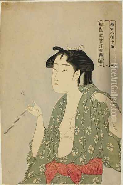Woman Exhaling Smoke from a Pipe Oil Painting - Kitagawa Utamaro