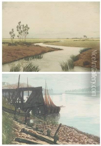 Fishing Boats By A Pier And Marshland With Stream; Two Works Oil Painting - Charles-Louis Houdard