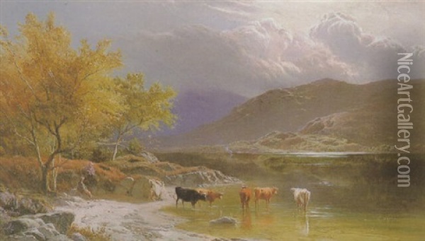 Cattle Watering By A Loch Oil Painting - Sidney Richard Percy