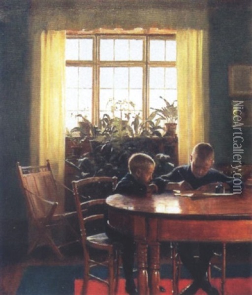 Interior Med To Drenge Siddende Ved Et Bord Oil Painting - Frants Peter Didrik Henningsen