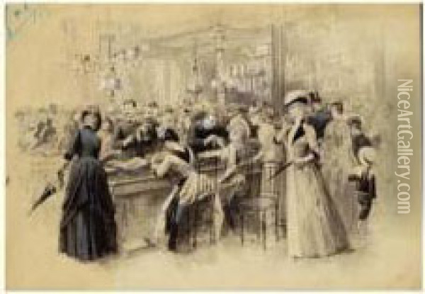 Le Bon Marche, Au Comptoir De Ganterie, Circa 1889 Oil Painting - Emile Antoine Bayard