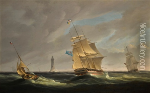 A Frigate And A Yacht Off The Eddystone Lighthouse Oil Painting - William John Huggins