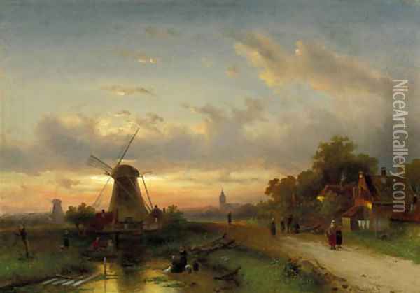 Villagefolk returning home at dusk Oil Painting - Charles Henri Leickert