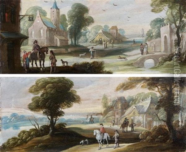 Cavaliers Arrivant A L'auberge Et Cavaliers Longeant Une Riviere (pair) Oil Painting - Jasper van der Laanen