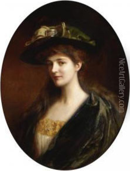 Portrait Of A Lady Wearing A Green Hat Oil Painting - Albert Lynch