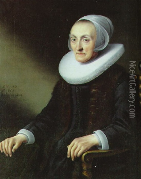 Portrait Of A Lady, Seated Half-length, In A Black Dress And A Fur Scarf, With A Ruff Oil Painting - Anthonie Palamedesz