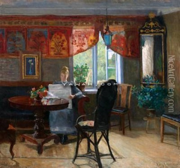 Interior Med Lesende Kvinne Oil Painting - Kitty (Christine) Lange Kielland