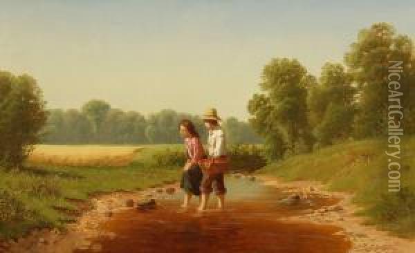 Crossing The Stream Oil Painting - Samuel S. Carr