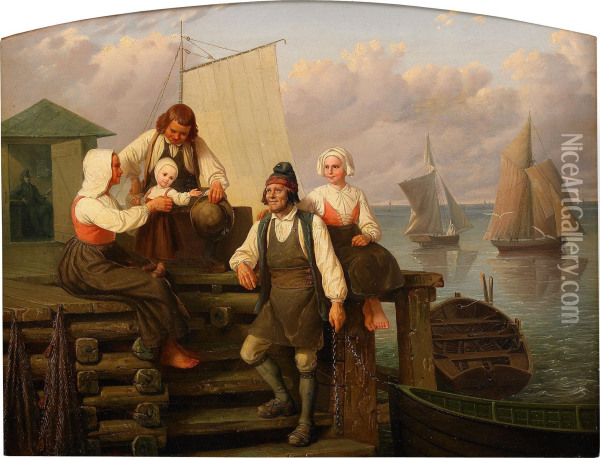 Fiskarfamilj Pa Kajen Oil Painting - Gustaf Brusewitz