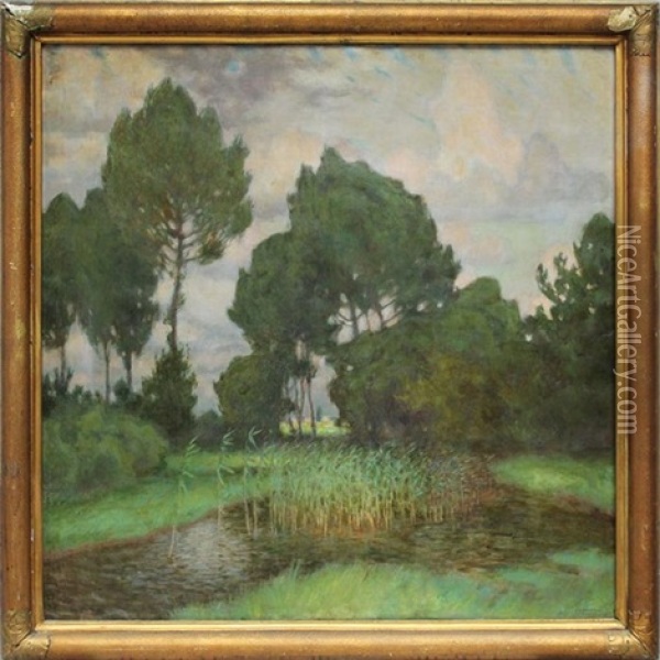 Sommerlicher Weiher Mit Schilf, Im Hintergrund Ansicht Eines Dorfes Oil Painting - Petras Kalpokas