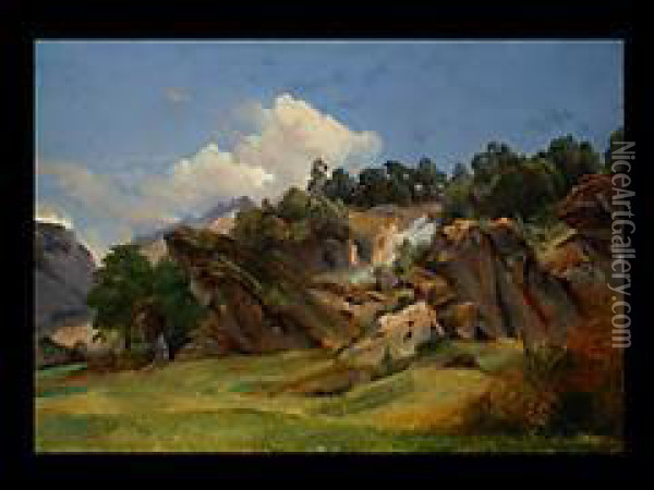 Felsen Und Wasserfall Oil Painting - Johann Gottfried Steffan