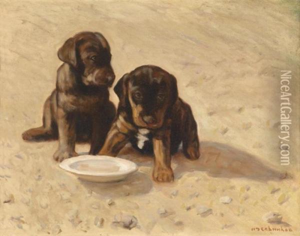 Puppies Oil Painting - Nikolai Alekseevich Bogatov