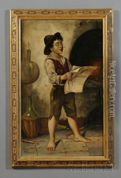 Genre Scene With Young Lad Reading A Newspaper Oil Painting - Francois Xavier Bricard