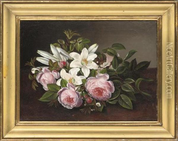 A Bouquet Of Pink Roses And White Lilies Oil Painting - Johan Laurentz Jensen