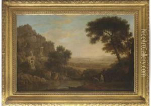 Figures Fishing Beside A Pool In An Extensive Classical Landscape, With Ruins Beyond Oil Painting - Edward Oram