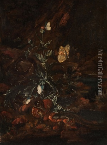 Stillleben Mit Eidechsen, Schlangen, Schmetterlingen Und Schnecken (+ Another; Pair) Oil Painting - Carl Wilhelm de Hamilton
