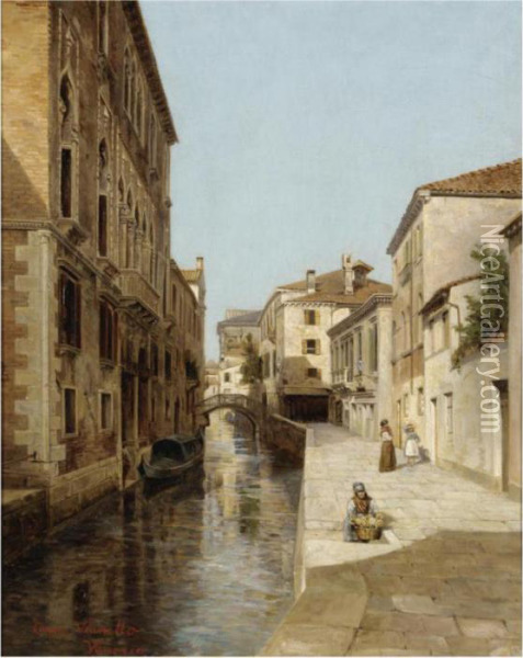 Venetian Canal Oil Painting - Cesare C. Vianello