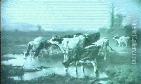 Cattle Watering On Heathland Oil Painting - Frans De Beul