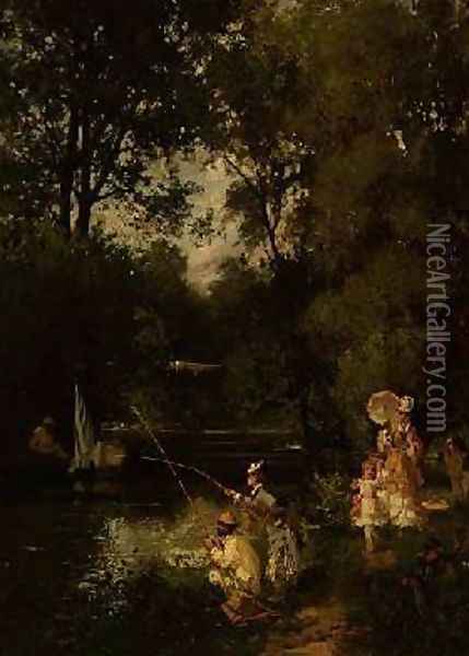 A Sunday Afternoon Fishing Oil Painting - K. Linden