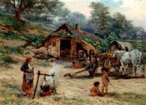 Gypsy Family Around A Campfire Oil Painting - Tadeusz Rybkowski