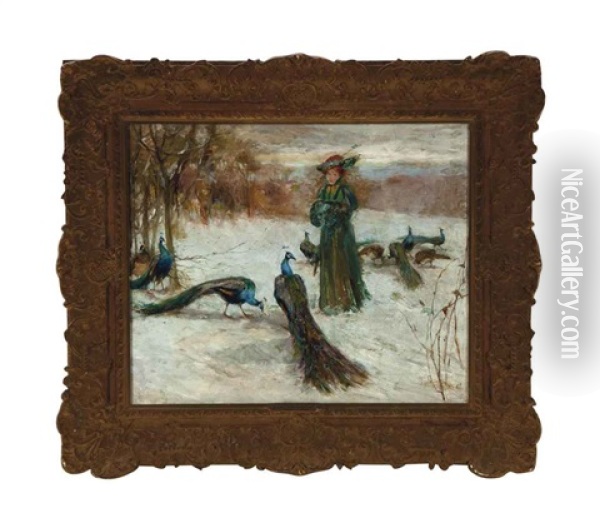 Peacocks In The Snow Oil Painting - Frederick Stuart Church