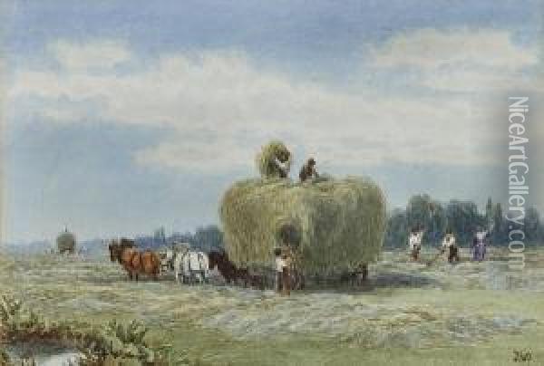 Carting The Hay; At The Sea Shore; A River Landscape, Three Oil Painting - John MacPherson