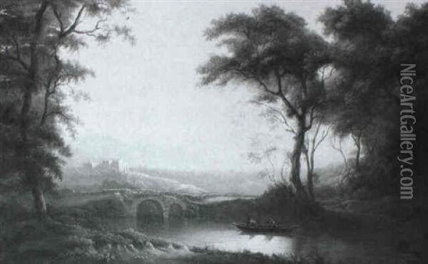 Figures Punting In A River Landscape, Castle Beyond Oil Painting - William Ashford
