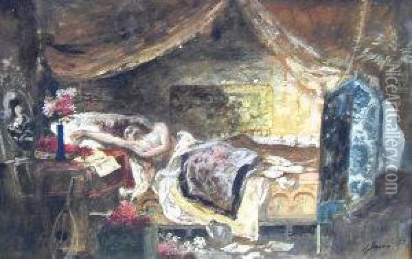 Sketch Of A Recumbent Figure In A Garret Oil Painting - Pal Javor