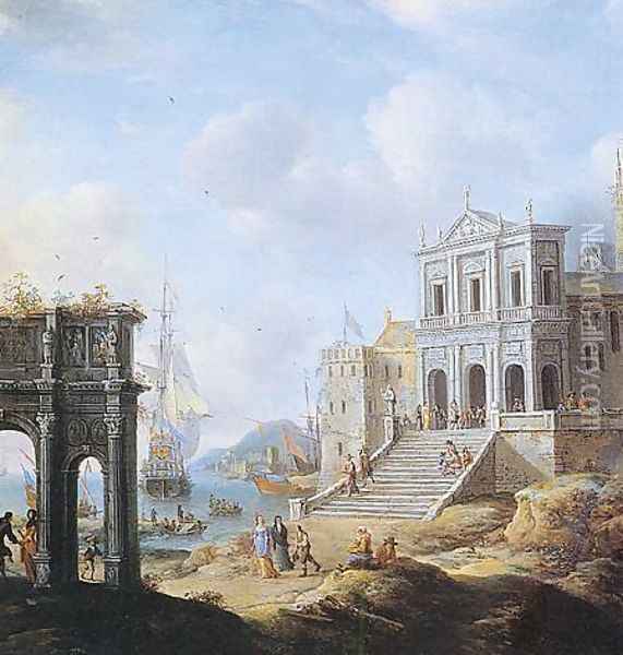 A Capriccio of an Italianate Harbour capriccio with the Arch of Constantine and a Church with Figures and shipping beyond 1663 Oil Painting - Jan Abrahamsz. Beerstraten