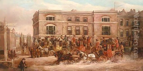 Coaches Outside The Elephant And Castle Oil Painting - John Charles Maggs