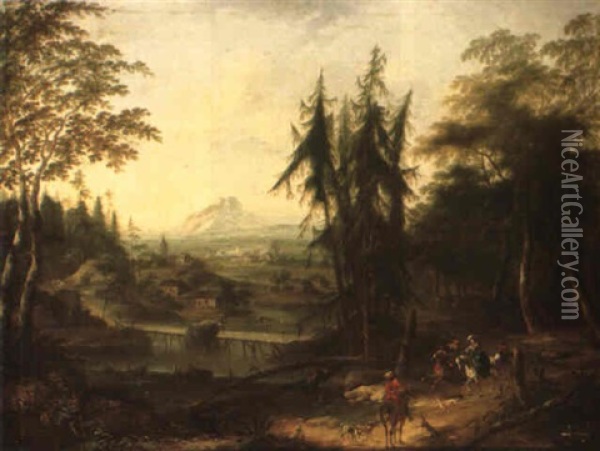 A Hunting Part In An Extensive River Landscape Oil Painting - Willem Van Bemmel