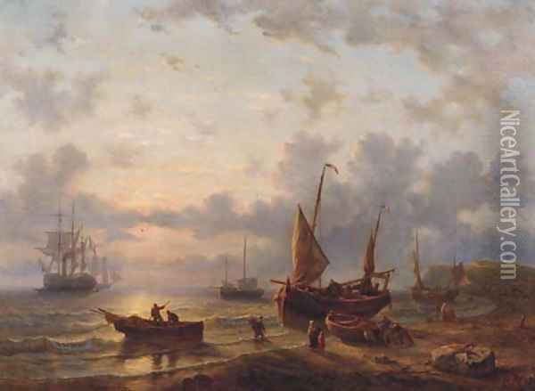 A French coastal scene with fishermen working at dusk Oil Painting - George Willem Opdenhoff