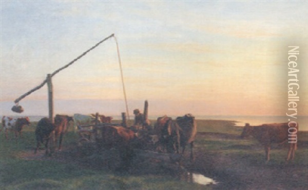 Cattle Watering At Sunrise Oil Painting - Hans Ole Brasen