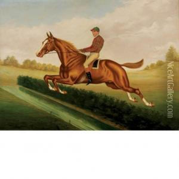Bourke Cochran With Jockey Up Taking A Hedge At Saratoga Oil Painting - William Van Zandt