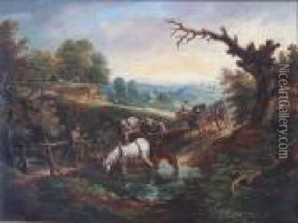 Figures With Horses And A Cart Fording A Bridge Oil Painting - John Constable