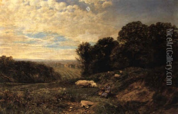 Figures And Sheep In A Landscape Oil Painting - George Vicat Cole