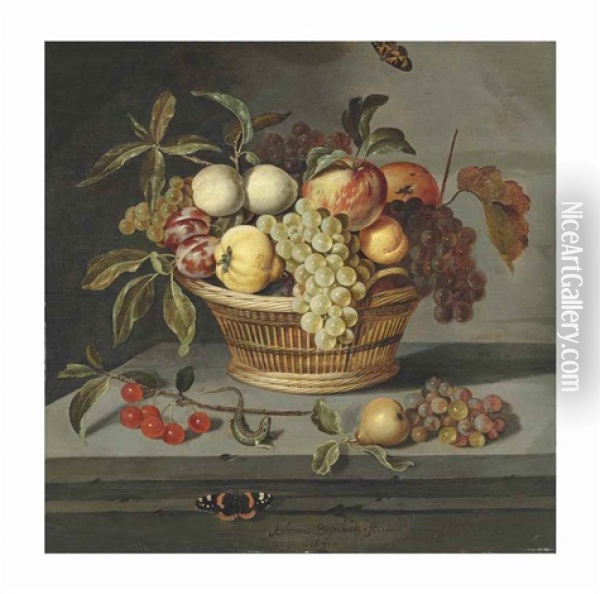 Fruit In A Wicker Basket With A Lizard And A Red Admiral Butterfly On A Stone Ledge Oil Painting - Ambrosius Bosschaert the Younger