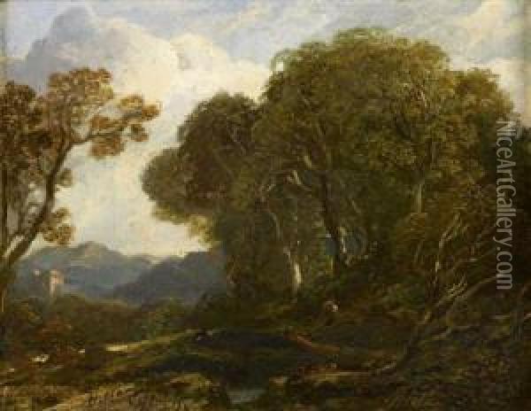 A Wooded Landscape With Distant Tower Oil Painting - Horatio McCulloch