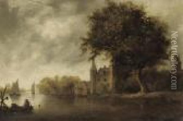 A Wooded River Landscape With Sailing Vessels Oil Painting - Reinier Van Der Laeck